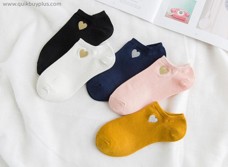 5 Pairs Luxury Women Socks Candy Color Small Heart Cartoon Pattern Boat Summer Breathable Casual Girls Funny Invisible Sox