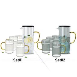 5 in 1 Heat-Resisting Glass Tea Set - 1400ml Tea Pot Juice Kettle Bottle with Plastic Lid + 4pcs 300ml Tea Cup Water Coffee Mugs