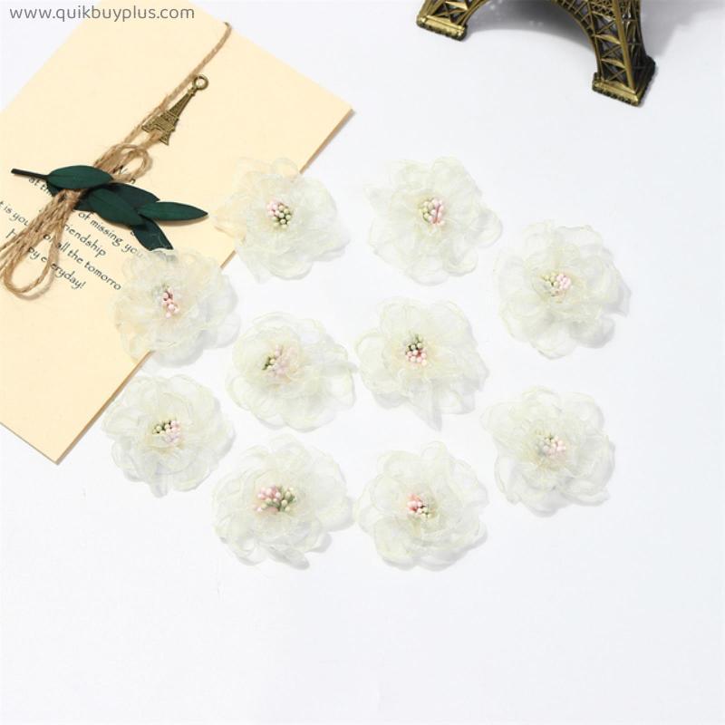 5Pcs 4.5cm Gauze Artificial Flowers For Garment Headdress Wedding Decor DIY Birthday Gifts Box Scrapbook Crafts Accessories