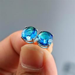 6/7/8MM Round Aquamarine Gemstone Earrings For Women 925 Sterling Silver Blue Sapphire Stud Earrings Female Wedding Jewelry Gift