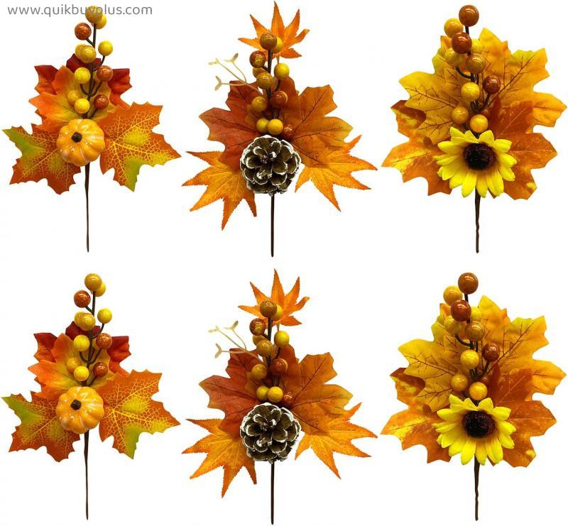 6 Pack Artificial Maple Leaves Branches Pumpkin Fall Stems for Vases Fake Berry Picks Fall Artificial Flower Decor Autumn Centerpieces Floral Arrangements Thanksgiving Harvest Day Party Decoration (Orange)
