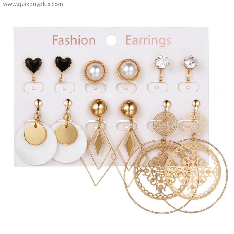 6 Pairs/set New Design Women Clip on Earrings Pearl Acrylic Vintage Bohemia No Pierced Ear Clips for Woman Fashion Jewelry