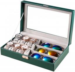 6 Slots Watch Box PU Leather Watch Case Display Organizer 3 Slots Sunglasses Box Organizer for Men Women Jewelry Box with Large Glass Lid