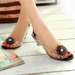 6.5CM Wedges Sandals Women Summer Sweet Flowers Transparent Open Toe Heels Sandals Fishmouth Red Sandals Plus Size 33-43