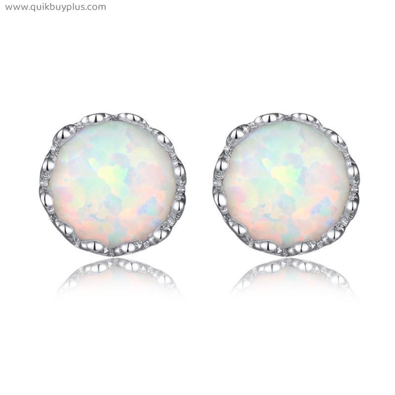 7MM Round White Fire Opal Round Stud Earrings For Women 925 Sterling Silver Fashion Jewelry
