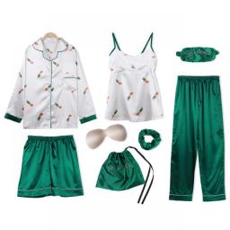 7Pc Women Pajamas Bathrobe Green Silk Satin Suit Long-Sleeved Trousers Pineapple Pattern Chest Pad Sweet Fresh Home Service
