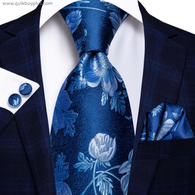 8.5cm Silk Men Tie Floral Red Blue Neckties for Men Classic Party Wedding Pocket Square Cufflinks Luxury Tie Set