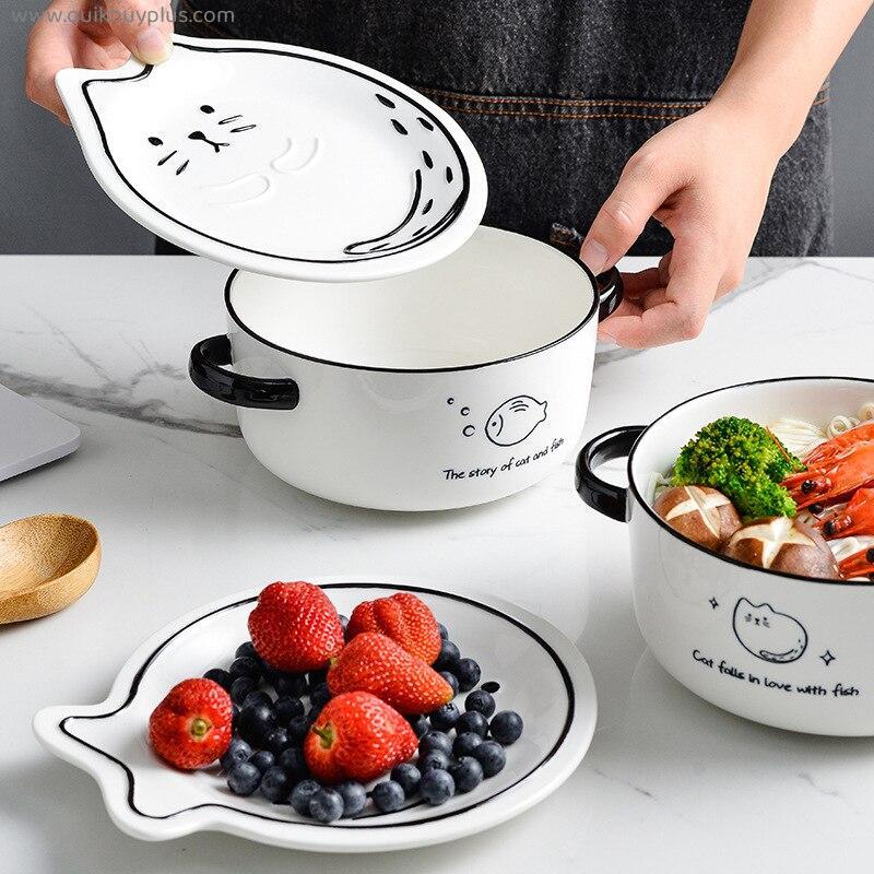800ml Ceramic Noodle Bowl with Cat or Fish Lid Student Creative Soup Bowl Home Two-ear Salad Pasta Bowl Cute Rice Food Tableware