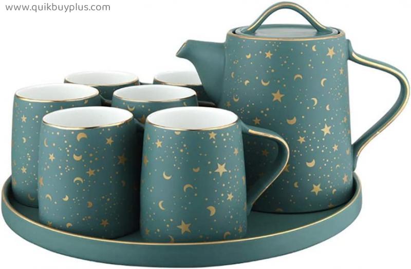 8PCS European Style Tea Set, Bone China Cool Kettle Tea Cup, Packaging Gift Box (6 Cups + 1 Pot + 1 Tray), Suitable for Wedding Gifts/family Afternoon Tea (Color : A)