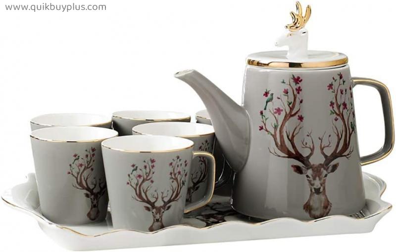 8PCS European Style Tea Set, Bone China Kettle Tea Cup, Packaging Gift Box (6 Cups + 1 Pot + 1 Tray), Suitable For Wedding Gifts/family Afternoon Tea (Color : A)