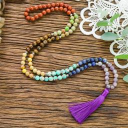 8mm Natural Stone 7 Chakra Necklace Meditation Yoga Peace Spirit Jewelry 108 Japamala Beaded Rosary Tassel Pendant