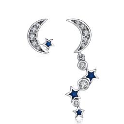925 Sterling Silver Earrings Charms Crescent Moon&Stars Stud Earrings Blue CZ Crystal for Women Fine Jewelry