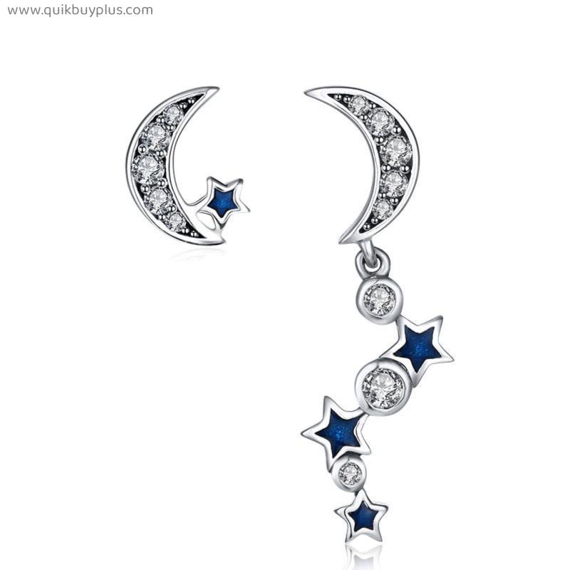 925 Sterling Silver Earrings Charms Crescent Moon&Stars Stud Earrings Blue CZ Crystal for Women Fine Jewelry