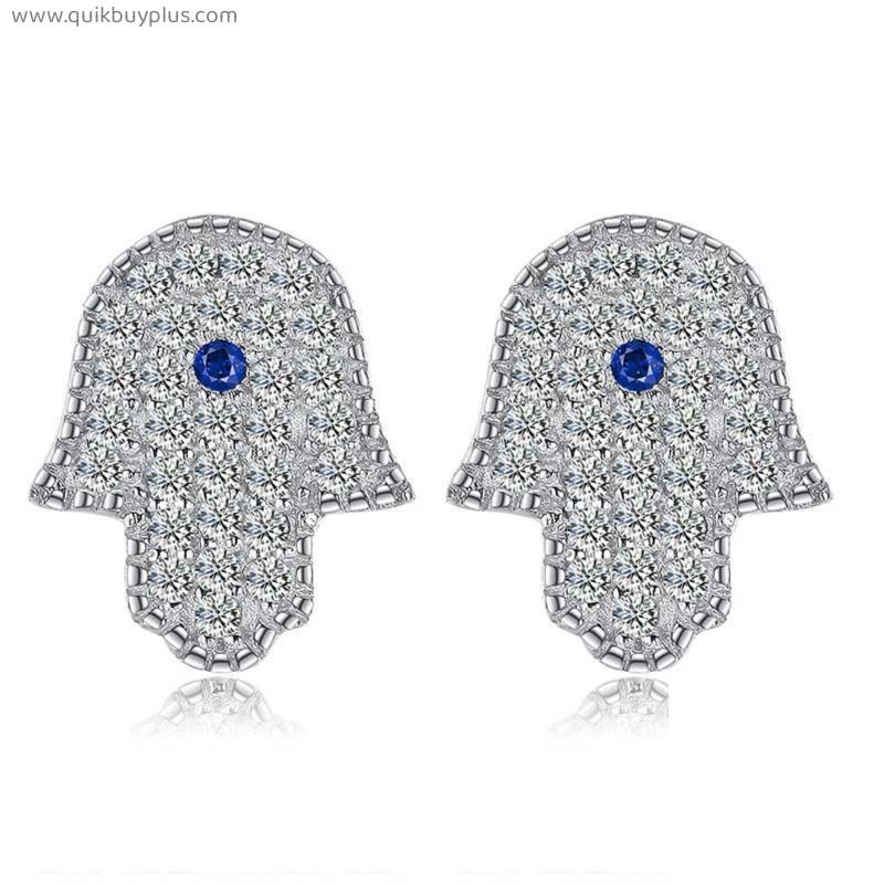 925 Sterling Silver Earrings Micro Pave CZ Blue Lucky Turkey Hamsa Hand Stud Earrings For Women Jewelry Gift