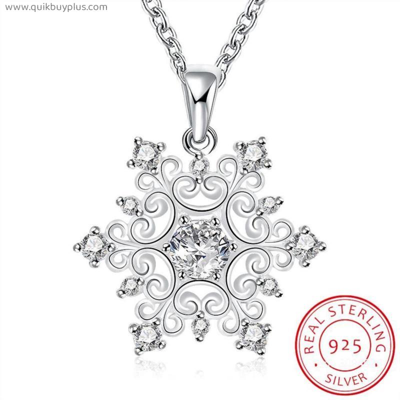 925 Sterling Silver Rhinestone Snowflake Pendants&Necklaces Pure Sterling Silver 925 Chain Necklace Fine Jewelry