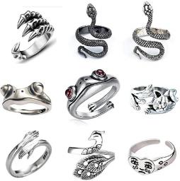 9pcs Silver Plated Vintage Frog Rings , Snake Adjustable Ring Set