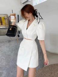A Sexy Hollow Out Casual Dress Retro Notched Puff Sleeve High Waist Mini Blazer Dresses Vintage Office Lady Dress