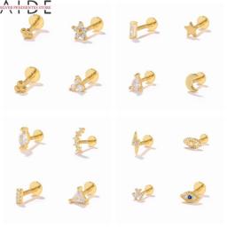 AIDE 1PC Mini Stud Earrings For Women 925 Sterling Silver Ball Moon Lightning Flowers White Zircon Earrings Gold Trendy Jewelry