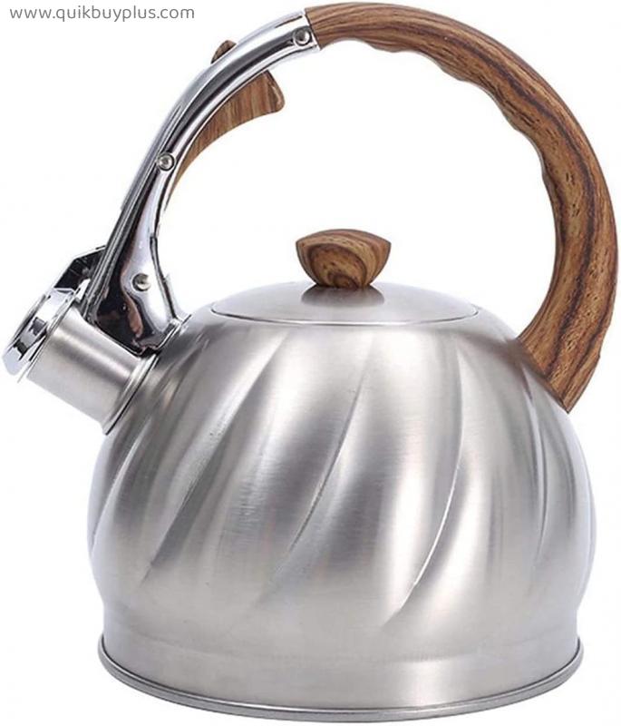 AWAING Stove Top Whistling Kettle Whistling Stainless Steel Teapot 2L Surgical Kettle with Wood Grain Handle Suitable for Home Use Picnic Kettle for Gas Hob(Color:Silver;Size:2L)
