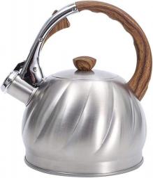 AWAING Stove Top Whistling Kettle Whistling Stainless Steel Teapot 2L Surgical Kettle With Wood Grain Handle Suitable For Home Use Picnic Kettle For Gas Hob(Color:Silver;Size:2L)