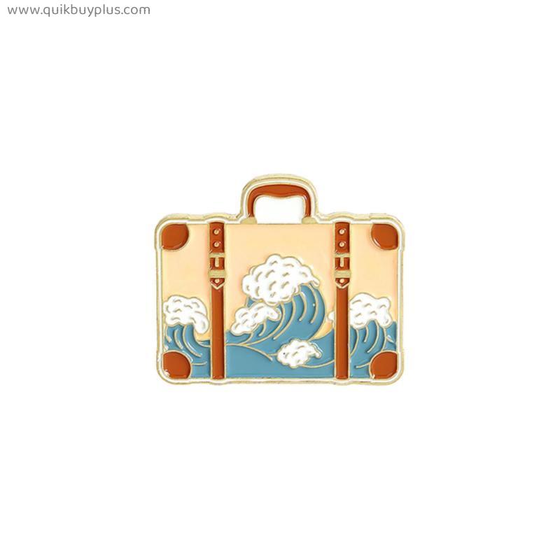 Adventure Outdoors Enamel Pins Suitcase Round Mountains Oceans Wave Brooches Backpack Clothes Lapel Pin Badges Jewelry Gift