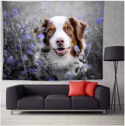 Aesthetic Bedroom Decor Purple Flower Dog Printed Animal Painting Tapestry Wall Hanging Dog Poster Wall Art Tapestry Living Room Decorative Tapestry 200*150cm