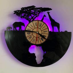 African Wildlife Wall Clock Giraffe, Elephant|Led Light - Vinyl Records Clock Lamp Decoration for Living Room - DIY Safari Animals Lamp - Very Suitable for Children's and Men Birthday Gift
