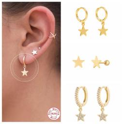 Aide 925 Sterling Silver Classic Zircon Star Moon Pendant Hoop Earrings For Women Crystal Pentagram Earrings Jewelry Pendiente