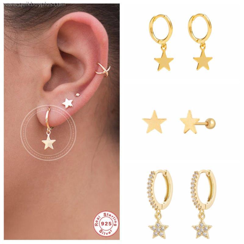 Aide 925 Sterling Silver Classic Zircon Star Moon Pendant Hoop Earrings For Women Crystal Pentagram Earrings Jewelry Pendiente