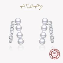 Ailmay Authentic 925 Sterling Silver Fashionc Elegant Geometric Pearl Earrings For Women Classic Wedding Statement Jewelry
