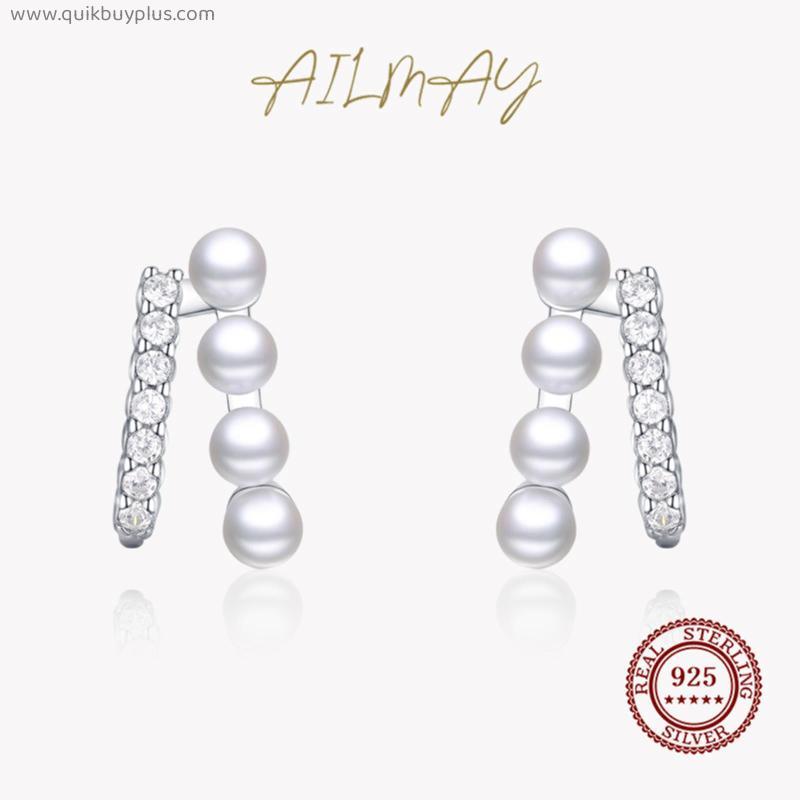 Ailmay Authentic 925 Sterling Silver Fashionc Elegant Geometric Pearl Earrings For Women Classic Wedding Statement Jewelry