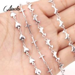 Aiovlo 50cm Stainless Steel Dolphin Heart Connection Chain Accessories for DIY Necklaces Bracelets Jewelry Making Wholesale