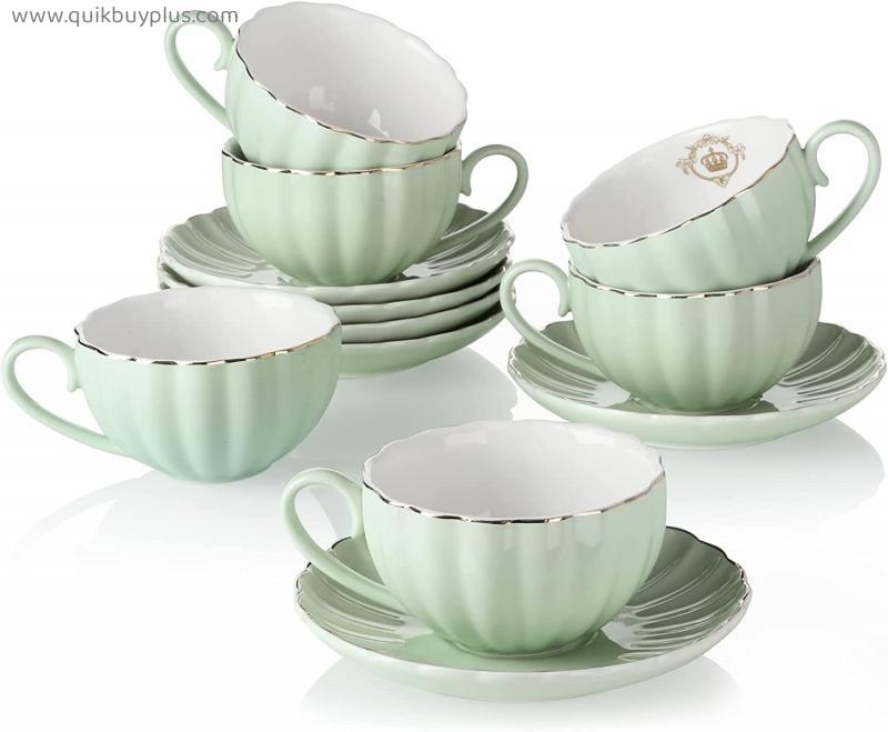 Amazingware Royal Tea Cups and Saucers, with Gold Trim and Gift Box, British Coffee Cups, Porcelain Tea Set, Set of 6 (8 oz)- Dark Green
