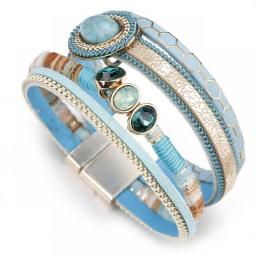 Amorcome Blue Stone Charm Leather Bracelets For Women Rhinestone Crystal Vintage Bohemian Wide Bracelet & Bangle Female Jewelry