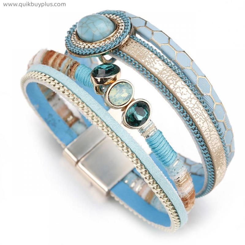 Amorcome Blue Stone Charm Leather Bracelets for Women Rhinestone Crystal Vintage Bohemian Wide Bracelet & Bangle Female Jewelry