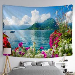 Asthetic Room Decor Tapestry Green Mountain Water Bohemian Natural Scenery Wall Hanging Home Dorm Bedroom Decoration Blanket
