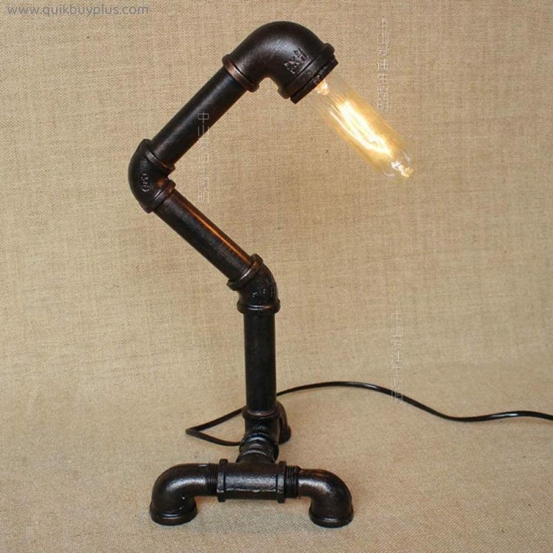 Auoeer Water Pipe Industrial Table Lamps Wrought Iron Loft E27 Steampunk Vintage Bedroom Bar Cafe Rust Antique Retro Table Light