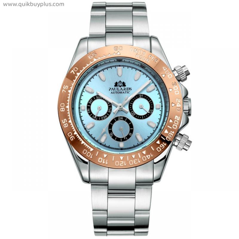Automatic Watches Self Wind Mechanical Gold Stainless Steel Glacier Ice Blue Dial Chestnut Brown Bezel Luminous Men Watch