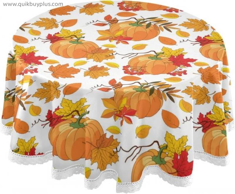 Autumn Pumpkins Orange Leaves Tablecloth Maples Thanksgiving Berry Round Tablecloths Washable Tabletop Decor