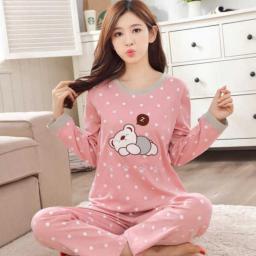 Autumn Thin 2 pieces Pyjamas Set Women Cotton Round Neck Girls Pajamas Sets Teacup Cat Full Sleepwear Clothes Sleep Tops