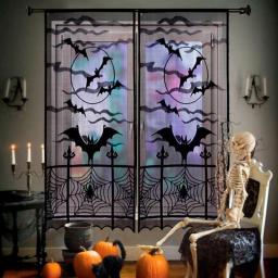 Aytai Black Spider Halloween Lace Window Curtain, Bats Spooky Door Curtain Panel, For Halloween Party Decoration (2pcs Curtains)