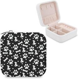 BAIKUTOUAN Black And White Dog Paw Prints Cute Square Zip Jewelry Storage Box Organizer Travel Display Case for Rings Earrings Necklaces Print Mini