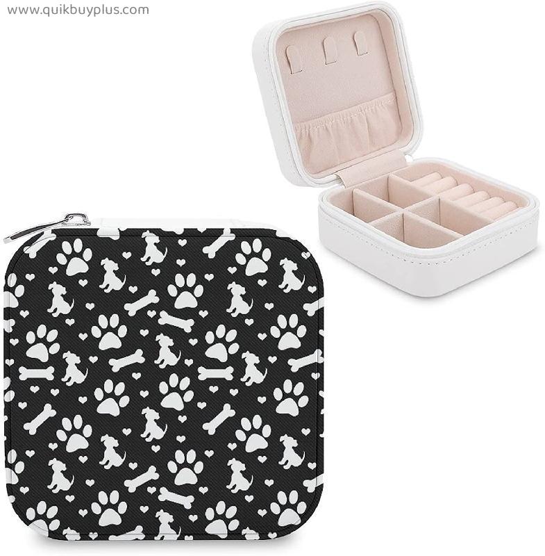 BAIKUTOUAN Black And White Dog Paw Prints Cute Square Zip Jewelry Storage Box Organizer Travel Display Case for Rings Earrings Necklaces Print Mini