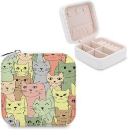 BAIKUTOUAN Funny Many Cats Cute Square Zip Jewelry Storage Box Organizer Travel Display Case for Rings Earrings Necklaces Print Mini