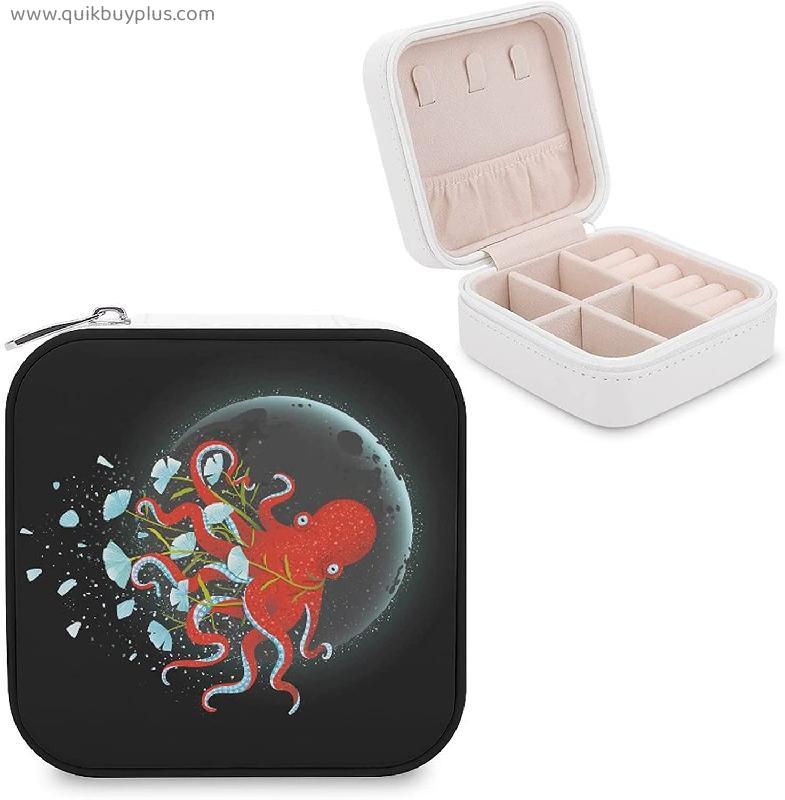 BAIKUTOUAN Octopus Moon And Flowers Cosmic Cute Square Zip Jewelry Storage Box Organizer Travel Display Case for Rings Earrings Necklaces Print Mini