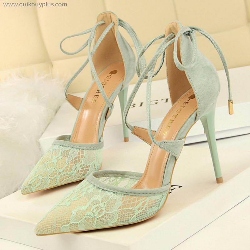 BIGTREE Shoes New Cross Straps Women Sandals Mesh Lace Sexy High Heels Stiletto Party Shoes Summer Heeled Sandals Ladies Pumps