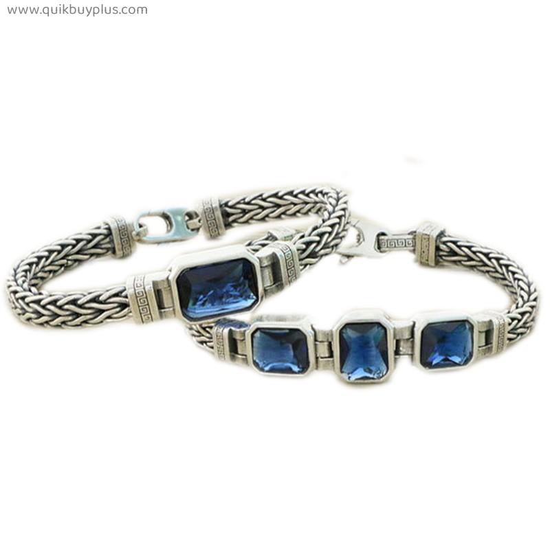 BOCAI Real S925 Silver Jewelry Inlaid With Sapphire Braided Hemp Rope Men and Women Bracelets Retro Thai Trend Gift