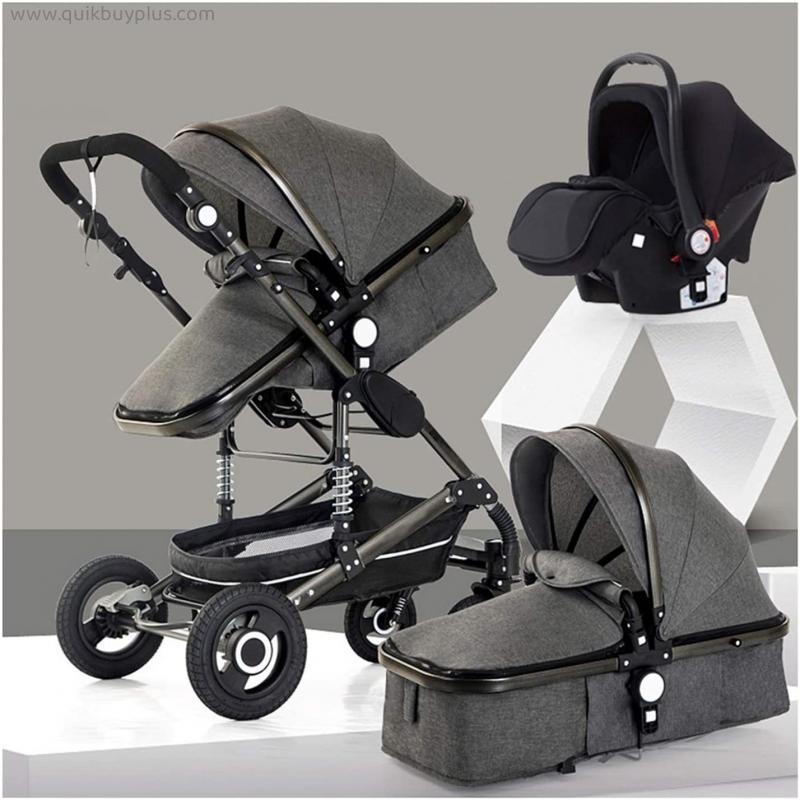 Baby Stroller 3 in 1 Travel System Baby Buggy with Infant Car Seat, High Landscape Anti-Shock Baby Child Pushchair with 5-Point Harness, Including Rain Cover (Color : Beige)