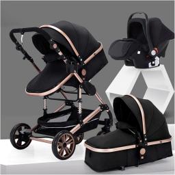 Baby Stroller 3 In 1 Travel System Baby Buggy With Infant Car Seat, High Landscape Anti-Shock Baby Child Pushchair With 5-Point Harness, Including Rain Cover (Color : Beige)