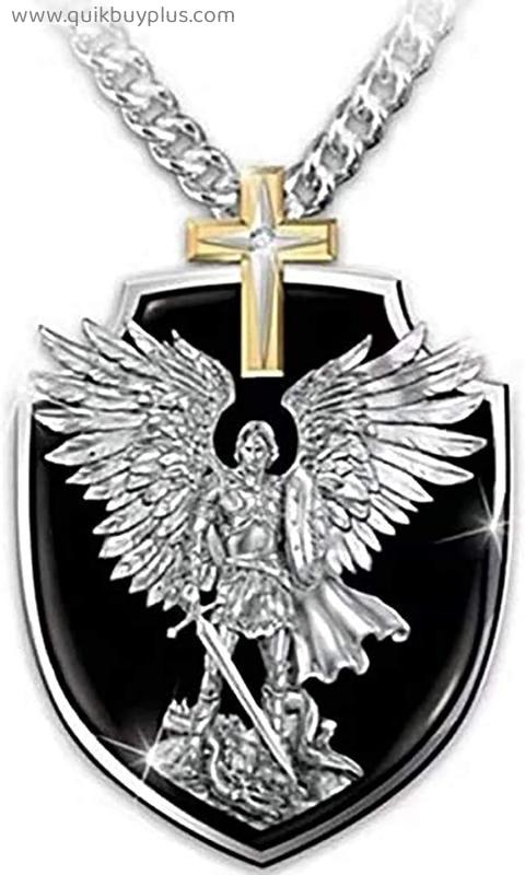 BaiJaC ZIRUIGONG Nhlzj Viking Jewelry Mens Necklace Archangel St Michael The Medals Angel Wings Faith Cross Pendant Necklace - -